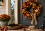 Finished DIY fall wreath with orange mums and pumpkin picks hanging on a front door