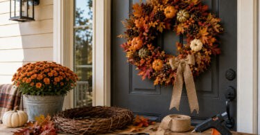 Finished DIY fall wreath with orange mums and pumpkin picks hanging on a front door