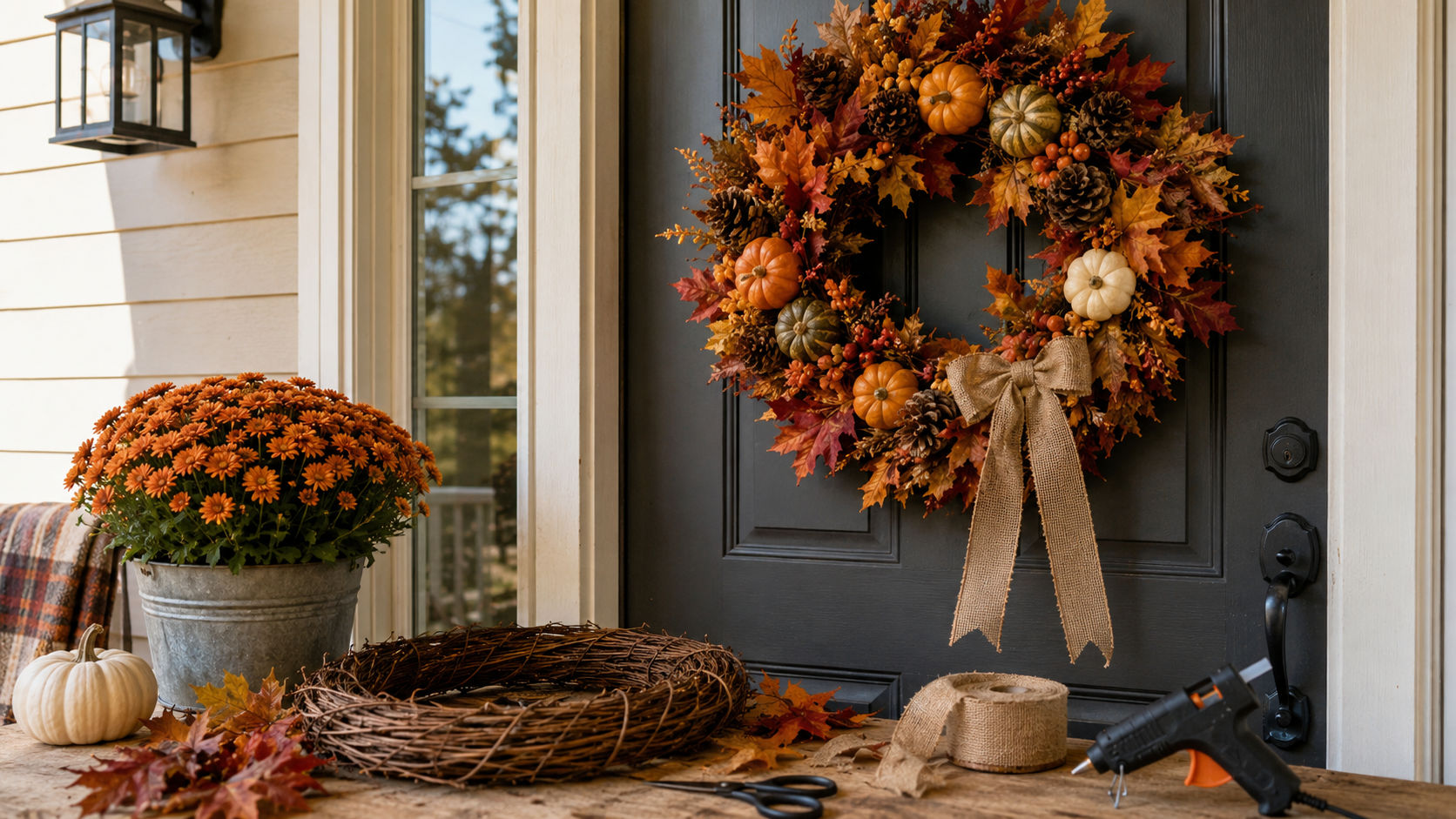 Finished DIY fall wreath with orange mums and pumpkin picks hanging on a front door